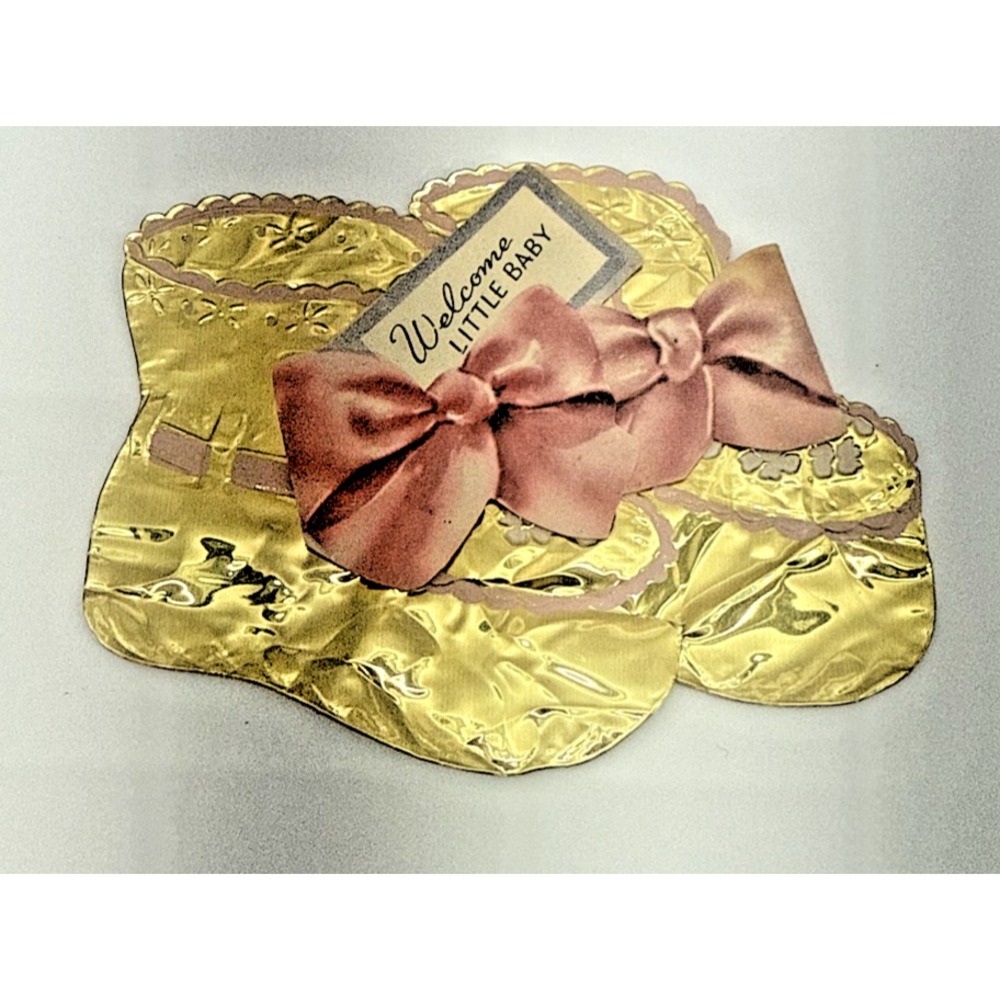 Vintage 1954 Welcome Little Baby Gold Foil Metal Bootie Decoration 4.5x3